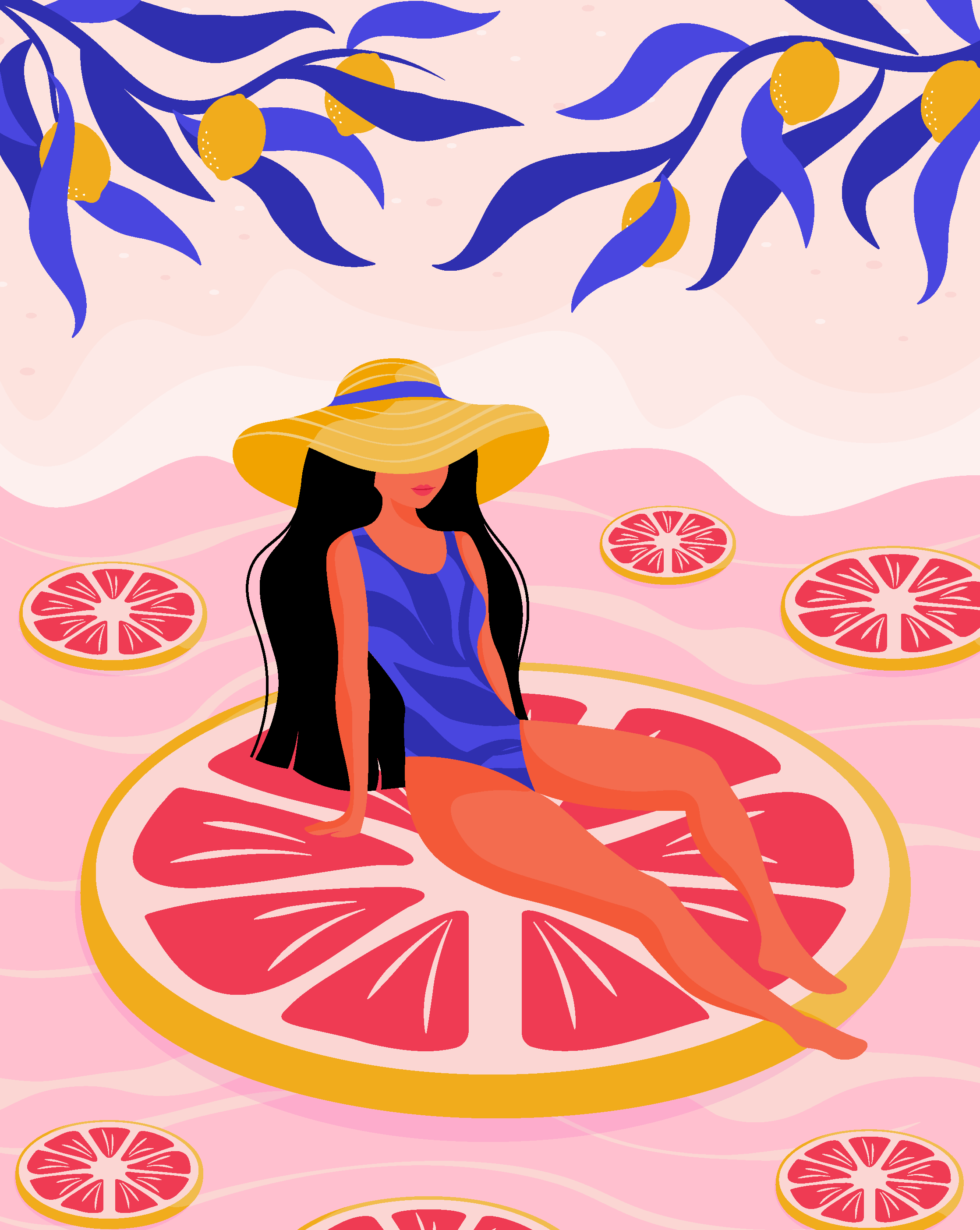 Girl Sunbathing in Pink Lemonade Sea under Lemon Trees Illustration by Elivera Designs