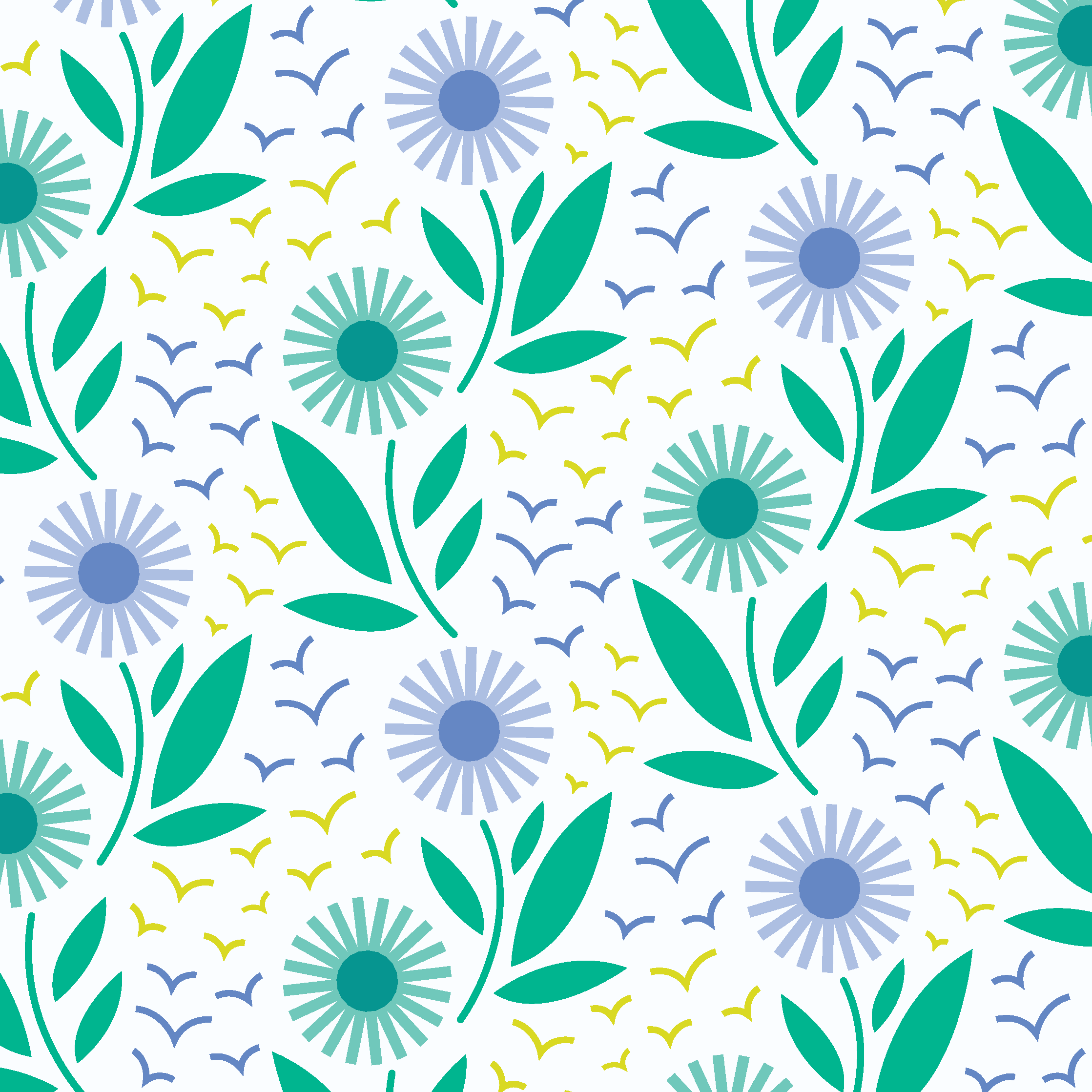 Green Purple Flowers and Birds Pattern by Elivera Designs