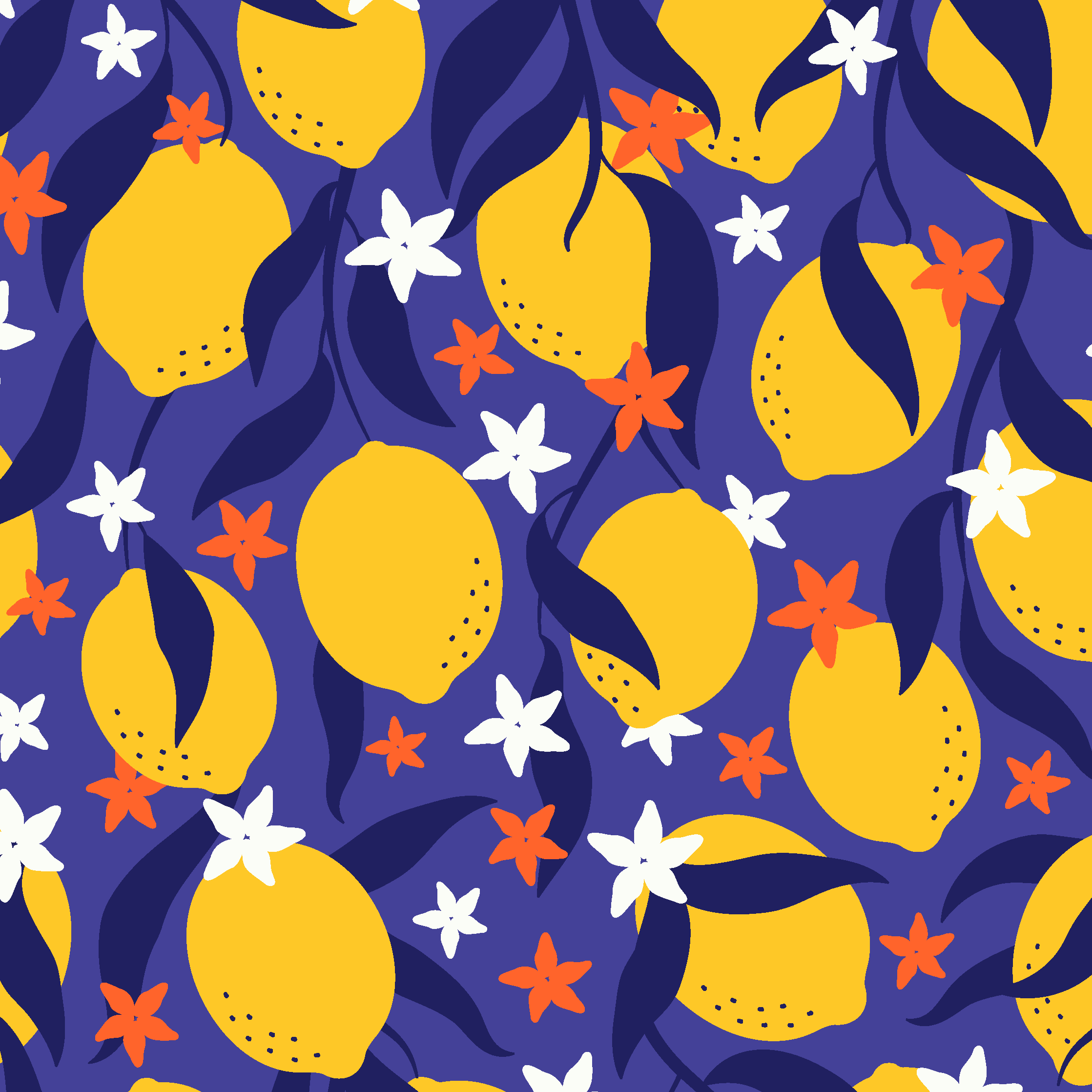 Lemons Fruits with Leaves and Flowers Pattern by Elivera Designs