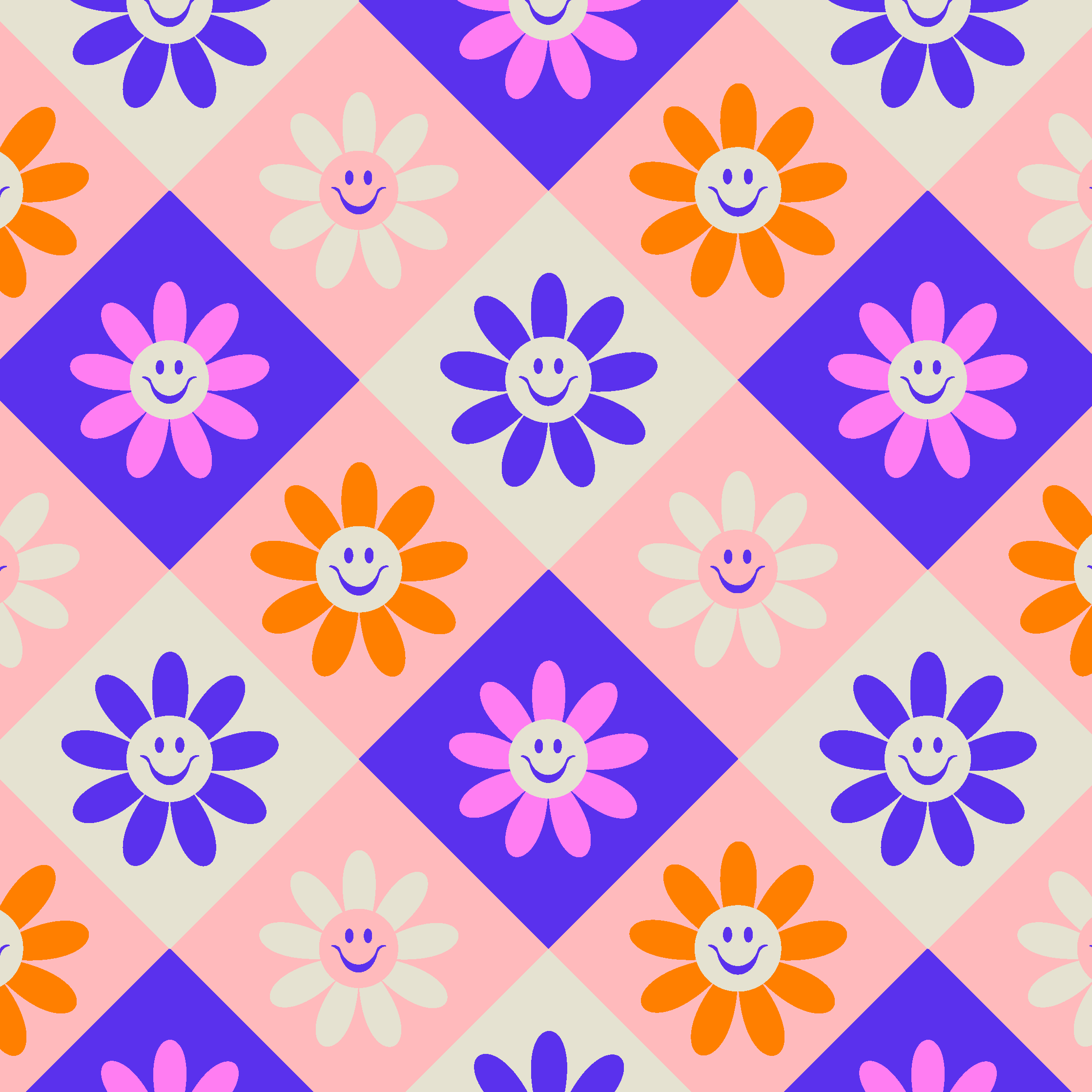 Smiley Flowers Checkered Pattern by Elivera Designs