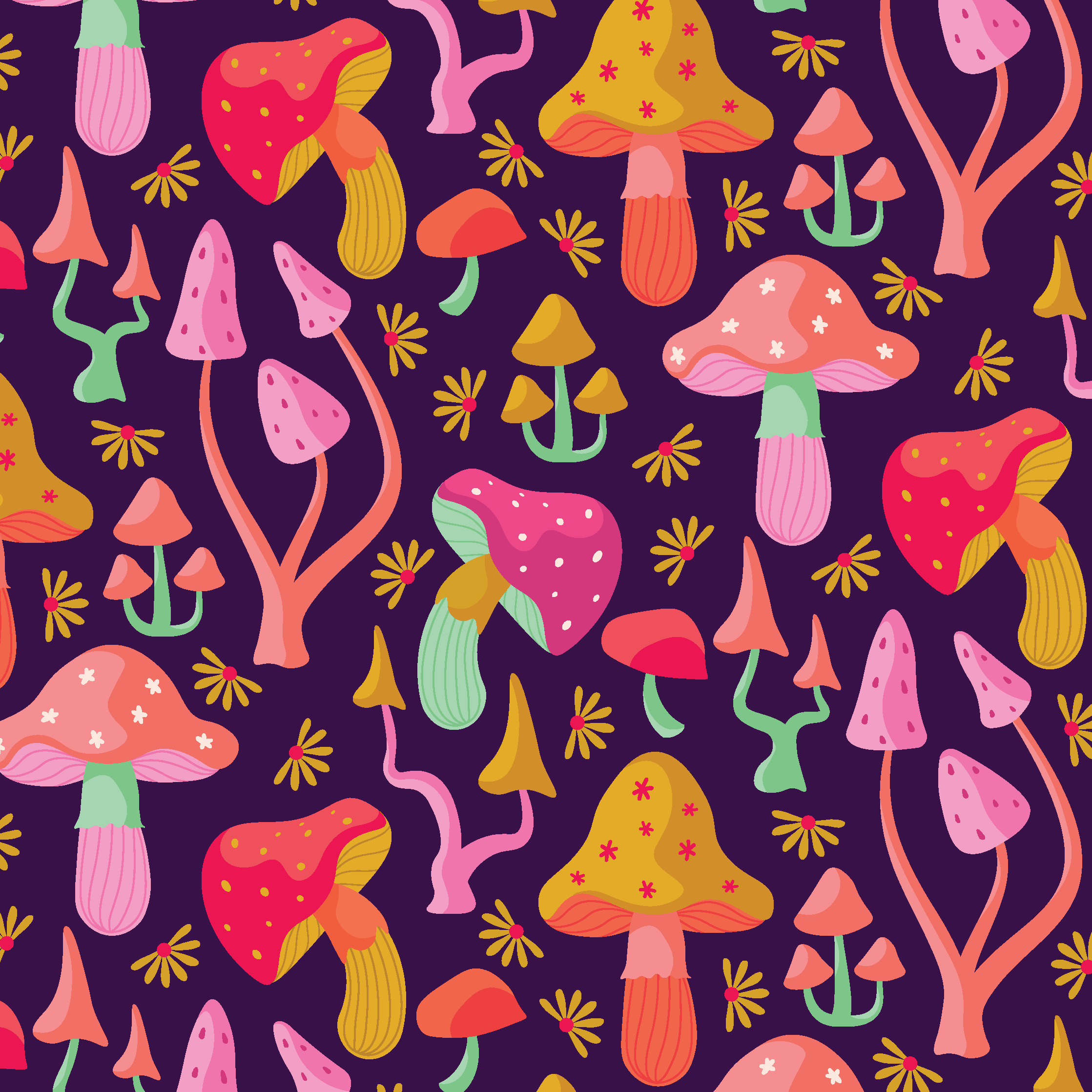 Purple and Colorful Dancing Mushroom Pattern by Elivera Designs 