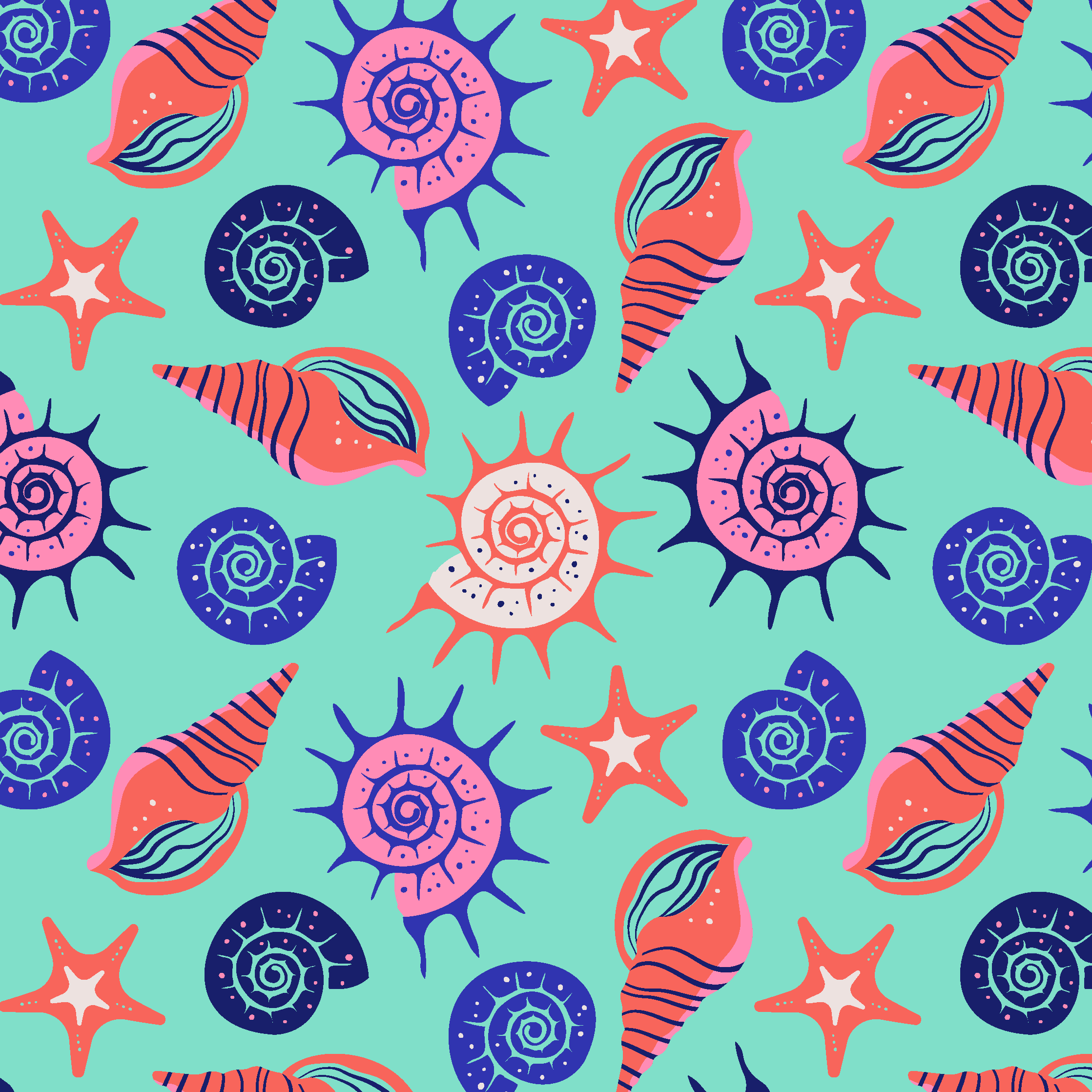 Summer Green and Colorful Seashells Pattern by Elivera Designs 