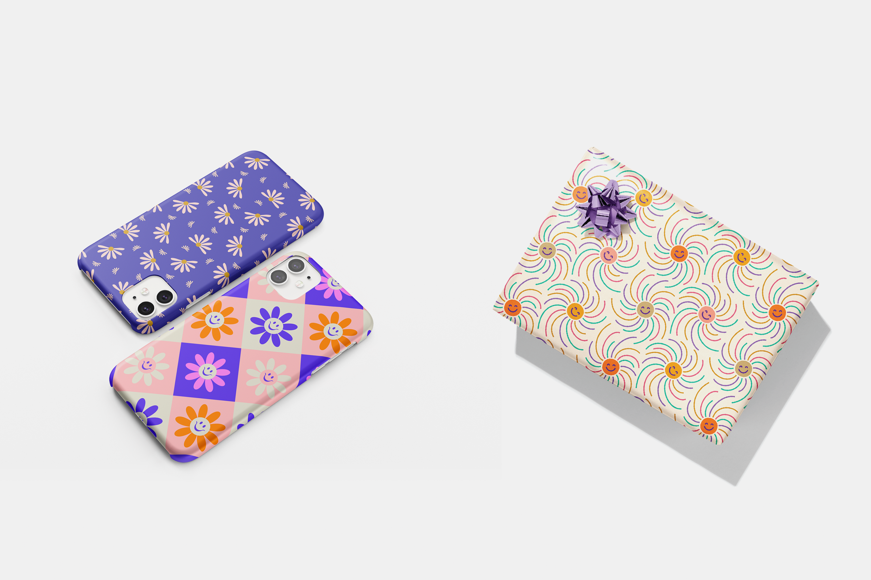 Elivera Designs phone cases and gift wrapping paper with smiley pattern, floral daisy pattern and happy smiley faces