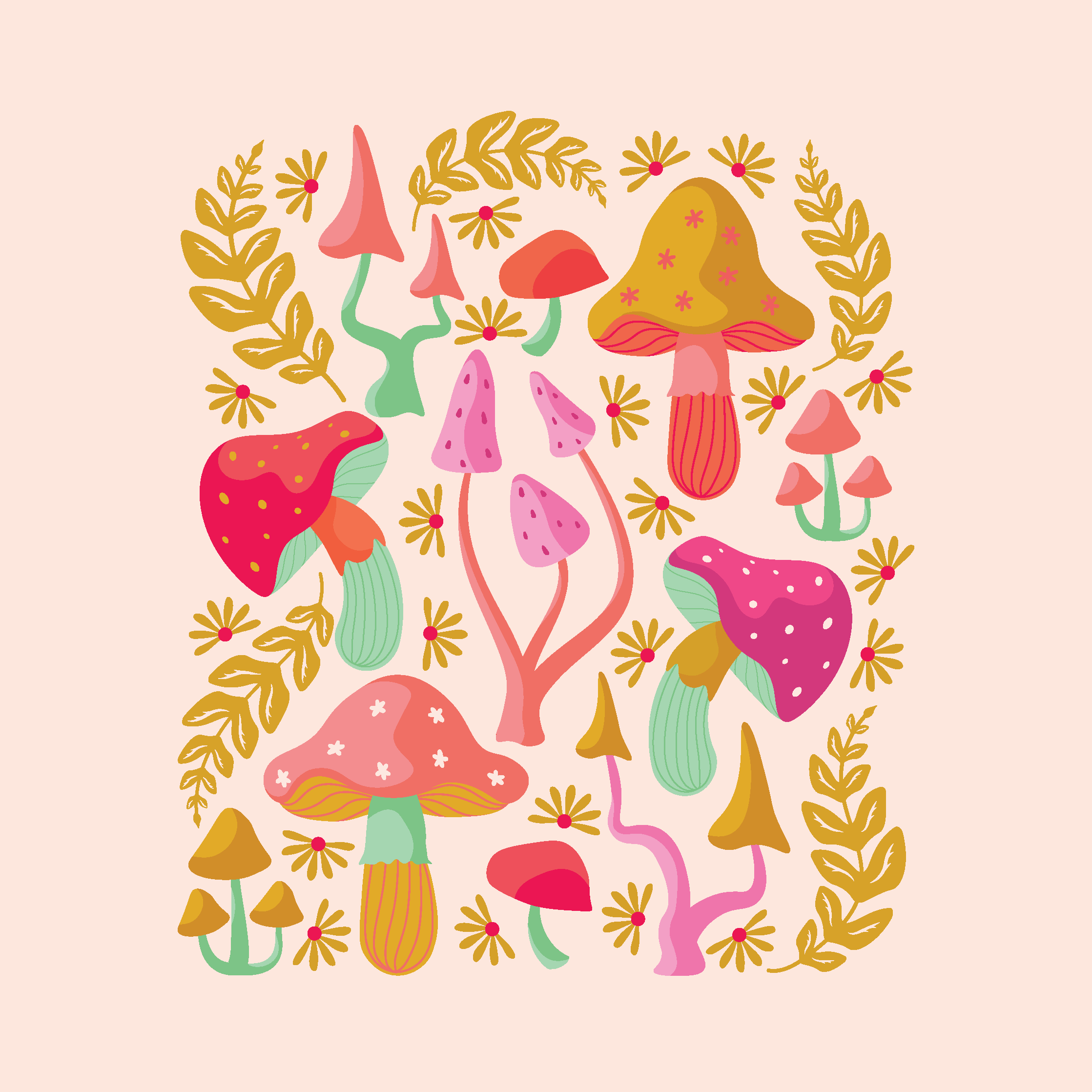 Colorful and Cute Dancing Mushrooms Illustration by Elivera Designs