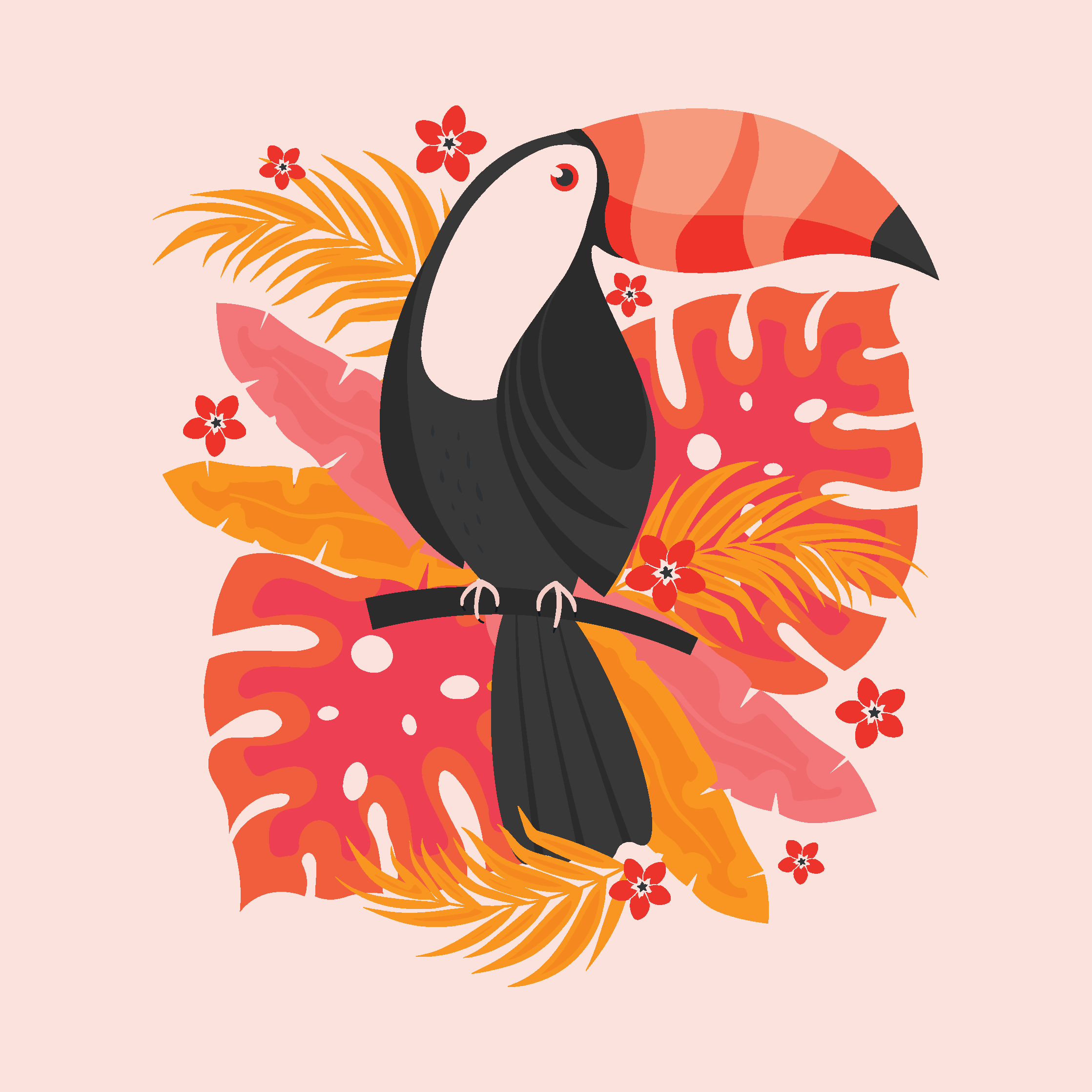 Tropical Toucan with tropical Leaves and Flowers Illustration by Elivera Designs